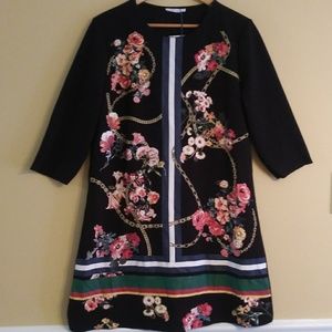 Zara dress Black with floral and gold chain